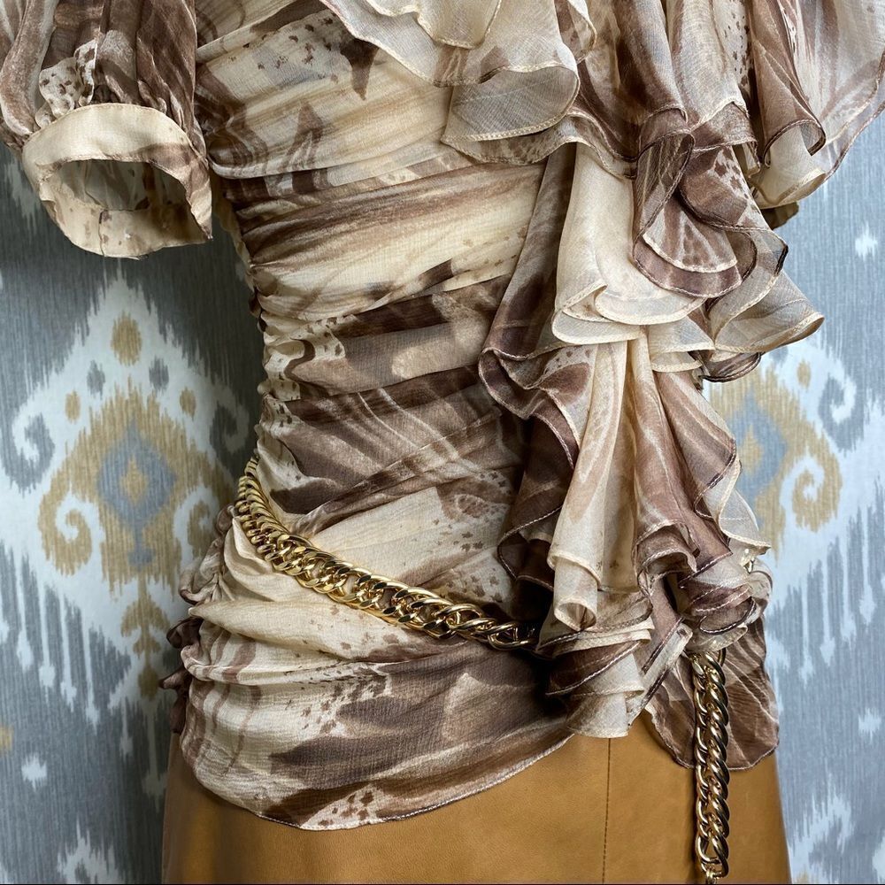 Ralph Lauren Brown Havana Print Silk Ruffle Blouse - Picture 7 of 16